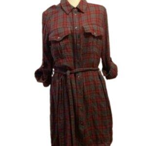 Kut From The Kloth red and gray plaid snap front shirt dress size L